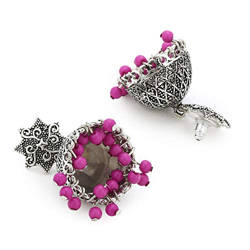 Estele Oxidised Silver Plated Metal Brass Jhumki With Pink Beads Drop Earrings for Girls and Women