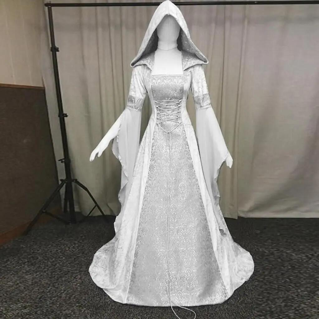 Damen Deluxe Hexenkleid Mittelalter Renaissance Maxi Schleppenkleid Halloween Teufel Heidnische Hexe Hochzeit Cos Kostüm Kapuzengewand Robe