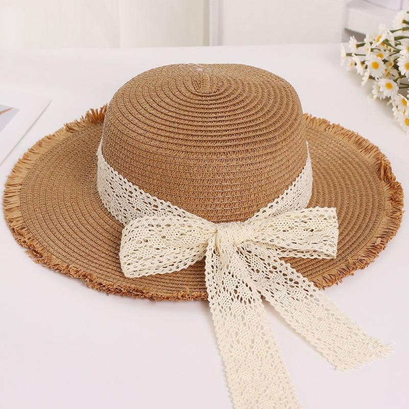 Summer Raffia Flat Top Burr Straw Hat Small Fresh Lace Bow Sweet Shade Outdoor Sun Hat Straw Hat