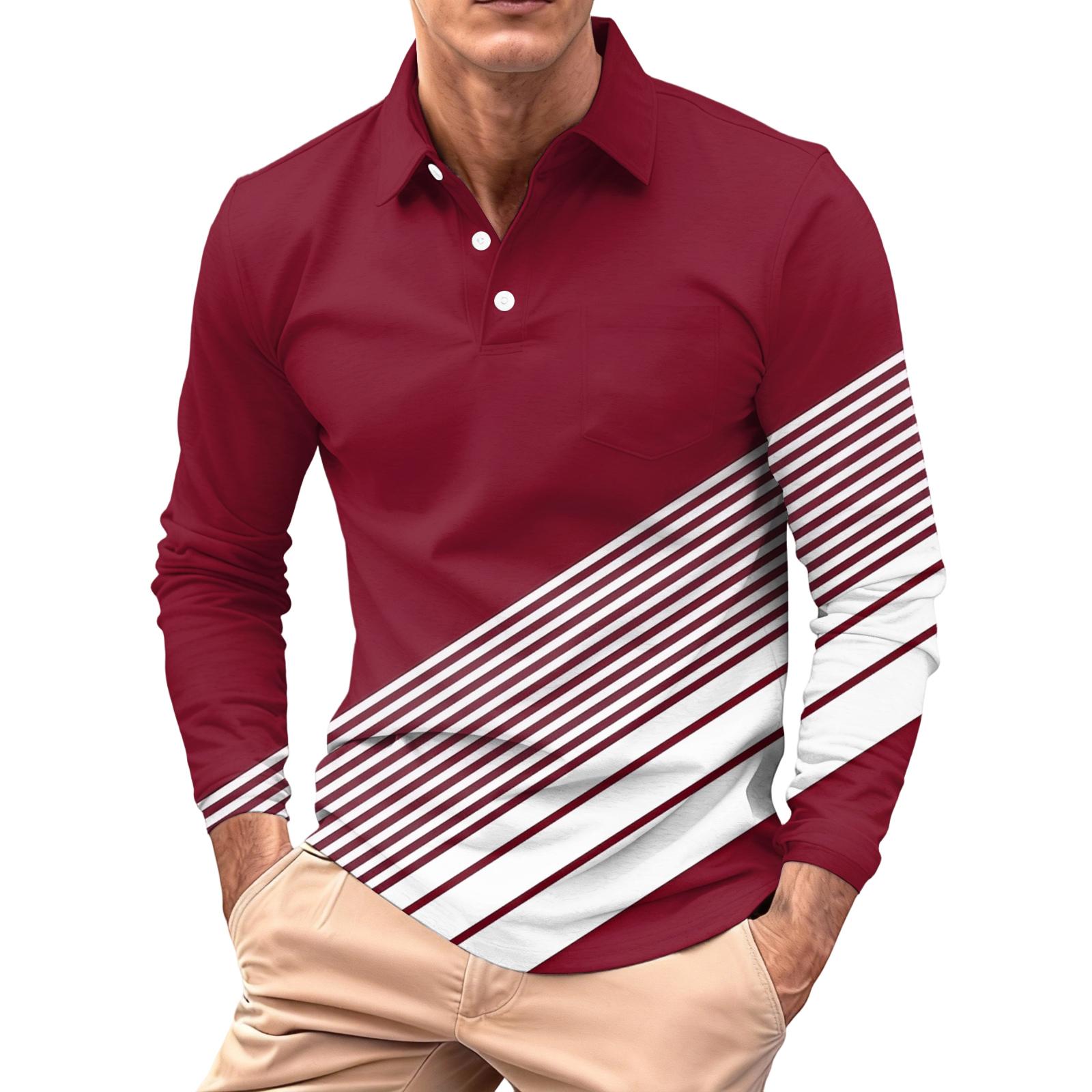 

Men s Long-sleeved Collared Button-down Pocket Casual Top XL винний