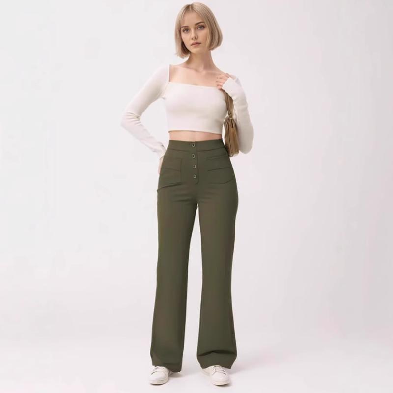 2025 New Women's High Waist Button Multi-Pocket Straight Casual Pants High Elasticity