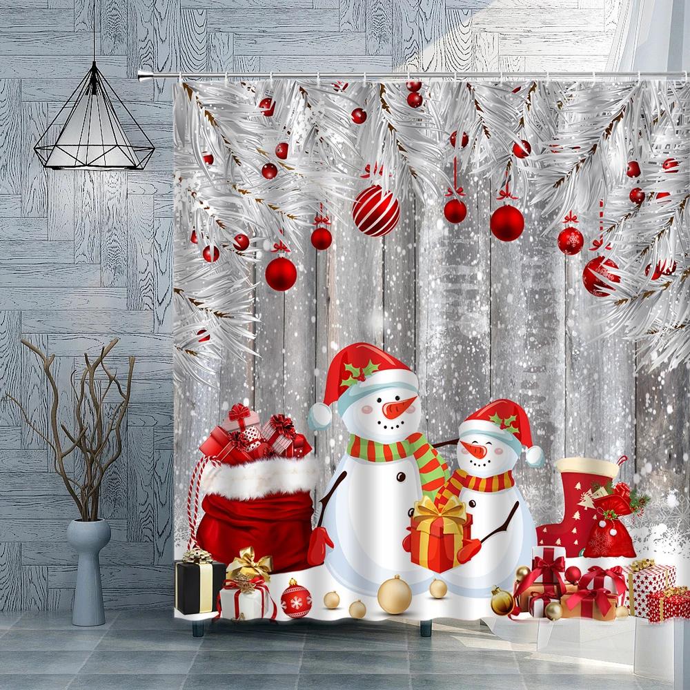 Christmas Shower Curtain Red Christmas Balls Branches Snowmen Gifts Snowflakes Fabric Bath Curtain Winter Bathroom Decor Sets