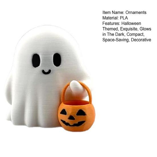 Halloween Ghost Pumpkin Statue, 3D Printed Glow In the Dark Figurine, Cute Mini Trick or Treat Candy Bucket Ornament for Desktop