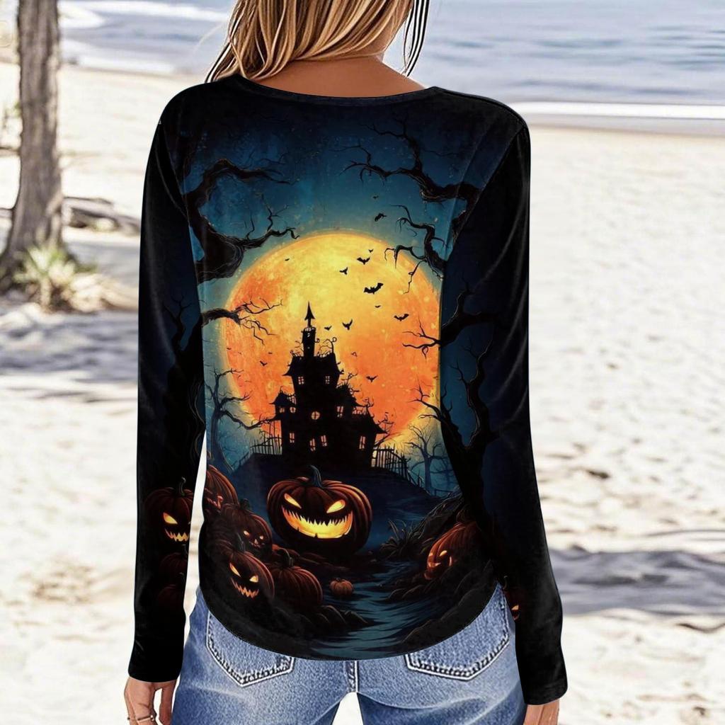 Women's Halloween Graphic Pullover Sweatshirt Long Sleeve Crew Neck Casual Top Comfortable Fit Seasonal Printed Shirt