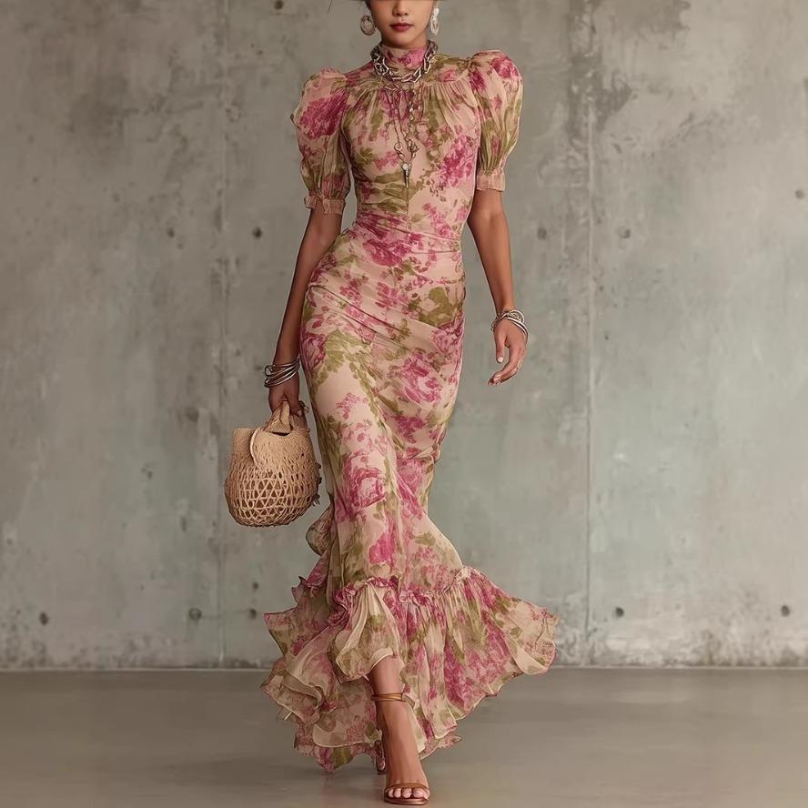 YYFS Women's Fashion Summer Spring Flower Pattern Print Short Sleeve High Neck High Waist Casual Dresses