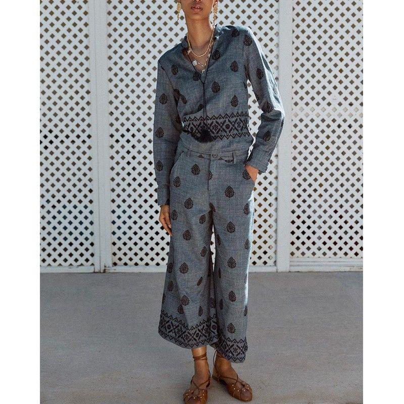 Cotton Spherical Embroidered round Neck Long sleeve Top 8351021 High Waist Wide Leg Casual Trousers 8351022