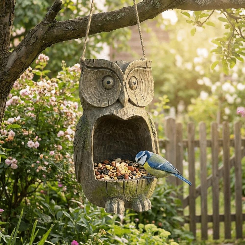 Resin Owl Bird Feeder Realistic Weather Resistant Tree Face Bird Feeder Handicraft Waterproof Sparrow Feeding Station