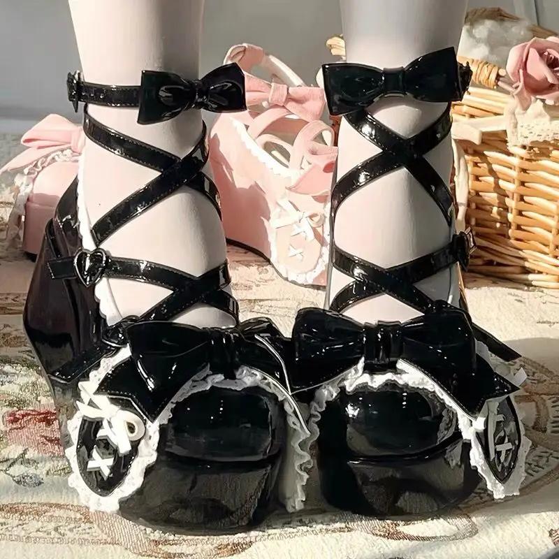 Lovely Girls Lolita Cute Bowknot Platform Shoes Sweet Rabbit Ears Monk Straps Flat Elevator Shoes Mary Janes