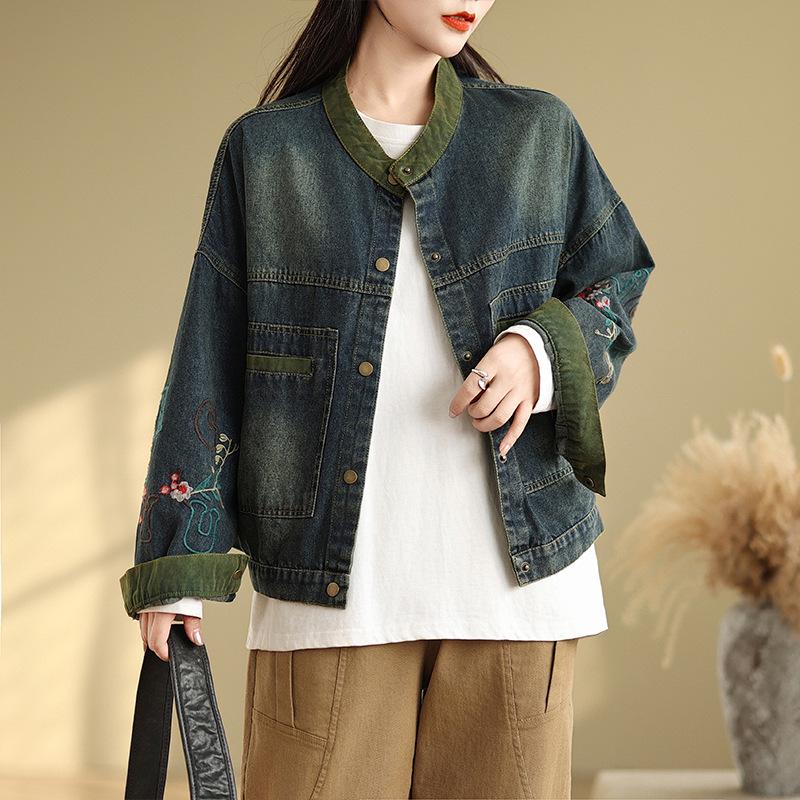 2024 Women's Loose Korean Style Embroidered Denim Jacket with Stand Collar and Long Sleeves