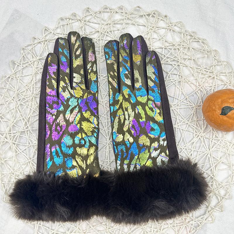 Gloves Women'S Warm Fleece Thickened Cute Cycling Gloves Touch Screen Leopard Print Hair Mouth Gloves