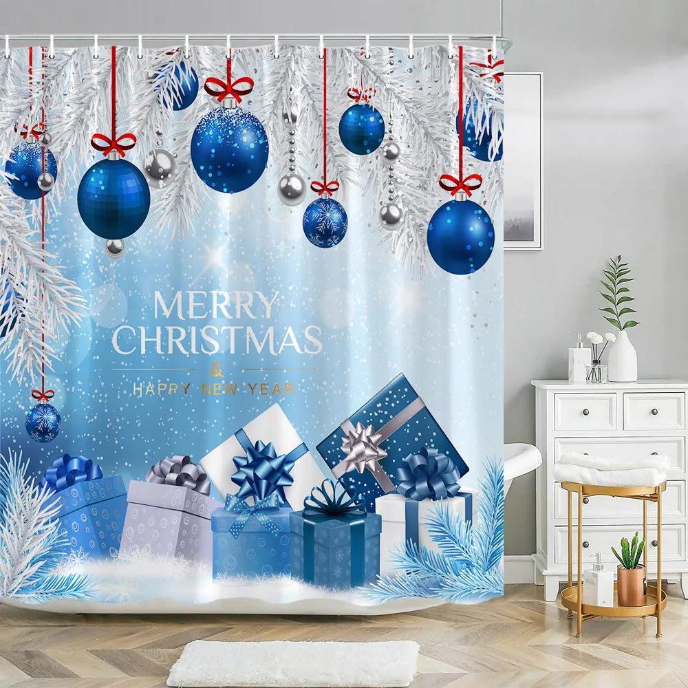 Christmas Balls Shower Curtain Colorful Xmas Balls Green Candy Canes Hanging on Pine Tree Branch for Christmas Ornament Branches