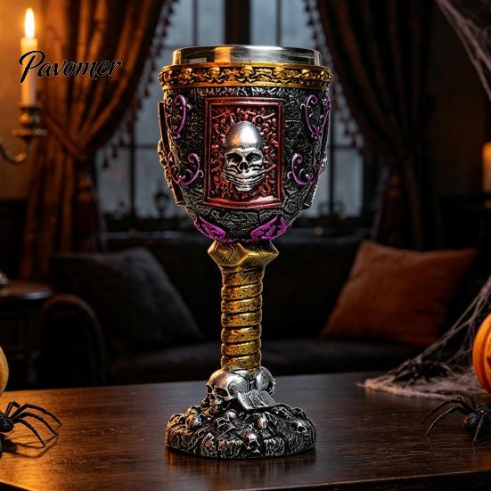 Unique Home Decor Gifts Horrible Resin Stainless Steel Skull Goblet, Retro Skeletal Wine Gothic Cup Cocktail Glasses, Vintage Whiskey for Halloween