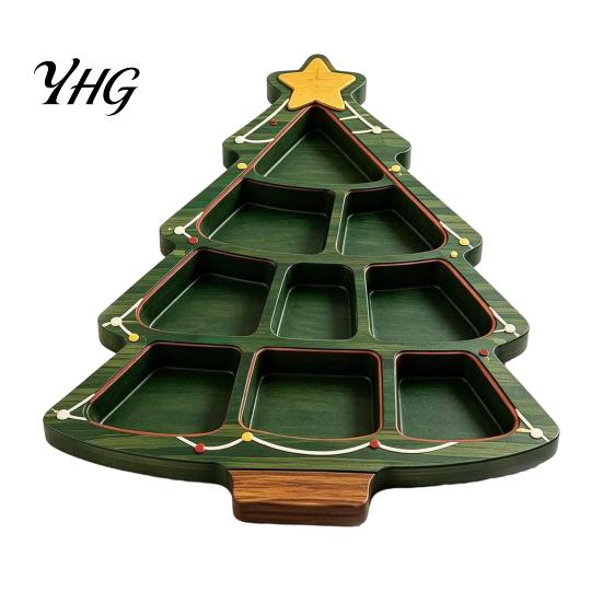Christmas Tableware for Home Decor Tree Serving Platter, Wooden Snack Tray Holiday Parties, Multi-Compartment Food Display Elk Design Dessert