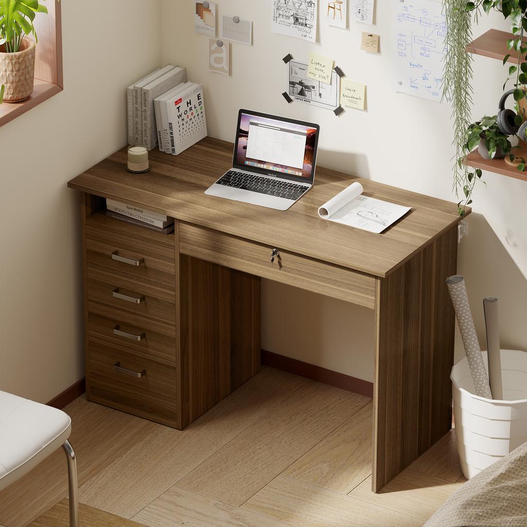 Computer Desk, 5 Drawers, 110 x 50 cm, Open Shelf, Lockable Drawer, Walnut