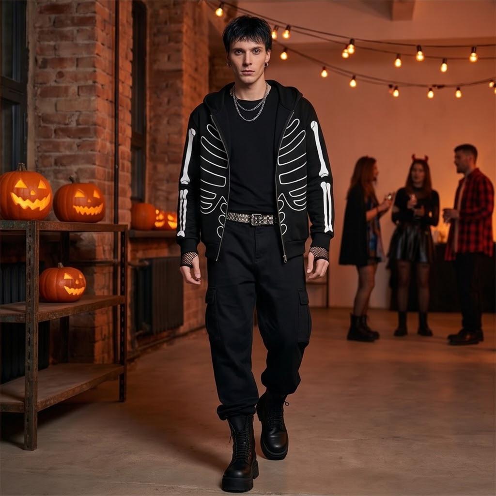 Men's Fashion Casual Halloween Print Hooded Jacket with Pockets for Fall and Winter
