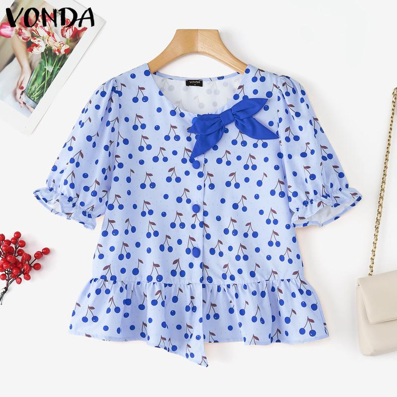 VONDA Women Summer Short Sleeve Bow Knot Printing Casual Ruffled Cropped Blouse