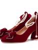 Show He Women's Bridal Mary Jane Red Chunky Heel Shoes for Petite Brides and Pregnant Women, Perfect for Chinese Wedding Toasts