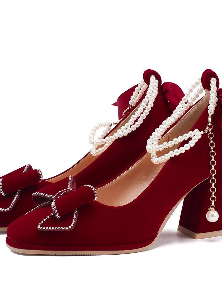 Show He Women's Bridal Mary Jane Red Chunky Heel Shoes for Petite Brides and Pregnant Women, Perfect for Chinese Wedding Toasts