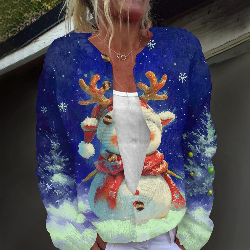 Damenmode, weihnachtlich bedruckt, langärmelig, Strickjacke, Button-Down-Jacke