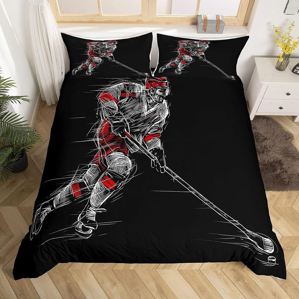 Ice Hockey Duvet Cover Twin Queen for Kids Boys Girl Young Man Winter Ice Sports Games Comforter Cover Helmet Skates Bedding Set