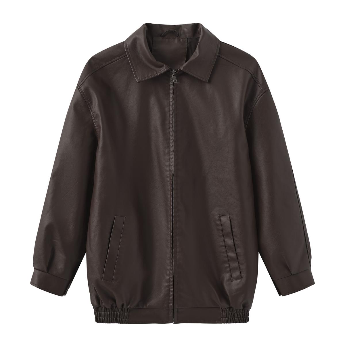 

Женские куртки из искусственной кожи с длинными рукавами и лацканами на молнии, свободная куртка, осень-весна, мотоциклетные топы-бомберы, праздничная повседневная верхняя одежда XL кофейный