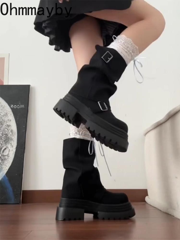 Vintage Platform Thick Bottom Women Ankle Boots Fashion Belt Buckle Autumn Winter Female Slip On Short Booties