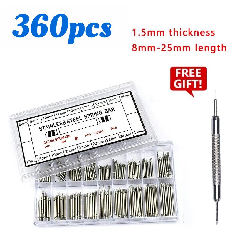 270/360pcs Stainless Steel Spring Bars for Watch Band, 1.5mm 1.8mm Dia with 8-25mm Lengths, Universal Repair Tool Kit
