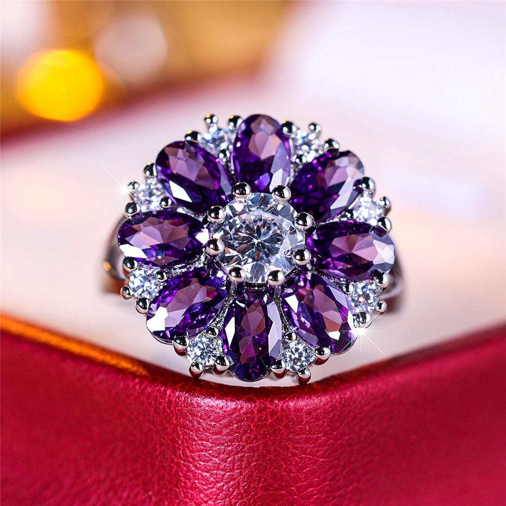 Luxury Female Crystal Purple Zircon Stone Sun Flower Engagement Ring Vintage Silver Color Wedding Jewelry For Women