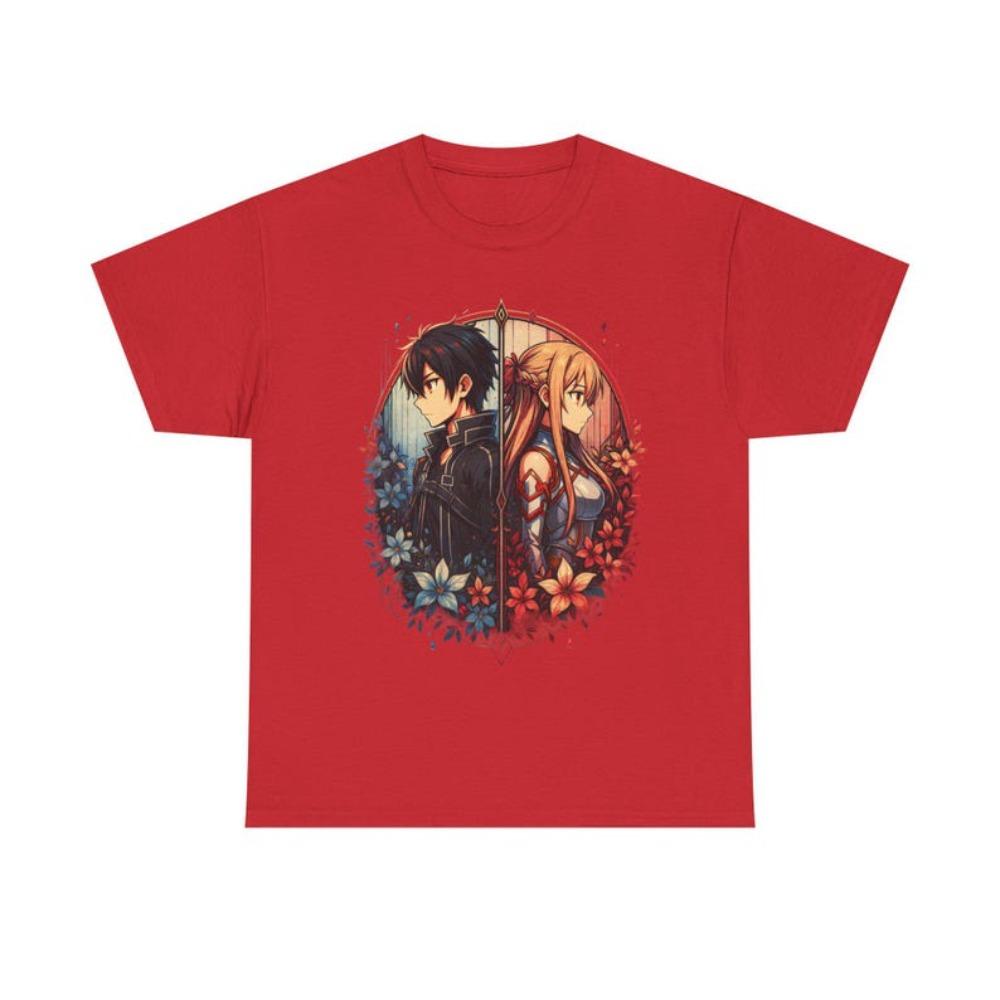 Oversized Black Short-Sleeve T-Shirt Featuring Sword Art Online Kirito & Asuna Split Portrait Floral Frame Graphic Print For SAO Fans & Anime Couples