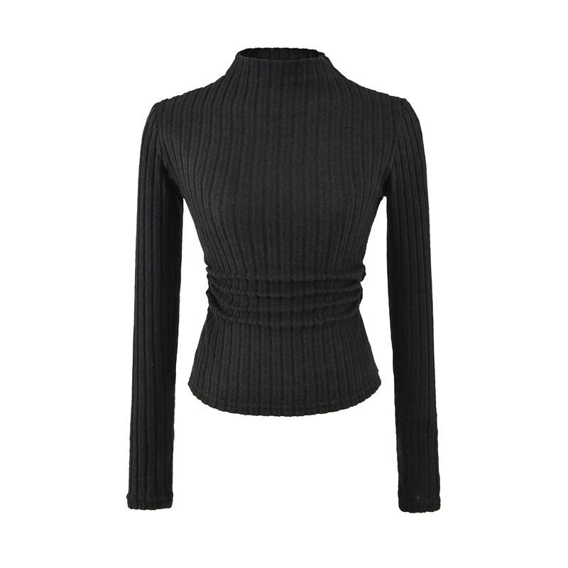 Women s Corduroy Waist-Cinching Long-Sleeve T-Shirt - Chic & Gentle Autumn/Winter Layer S чёрный