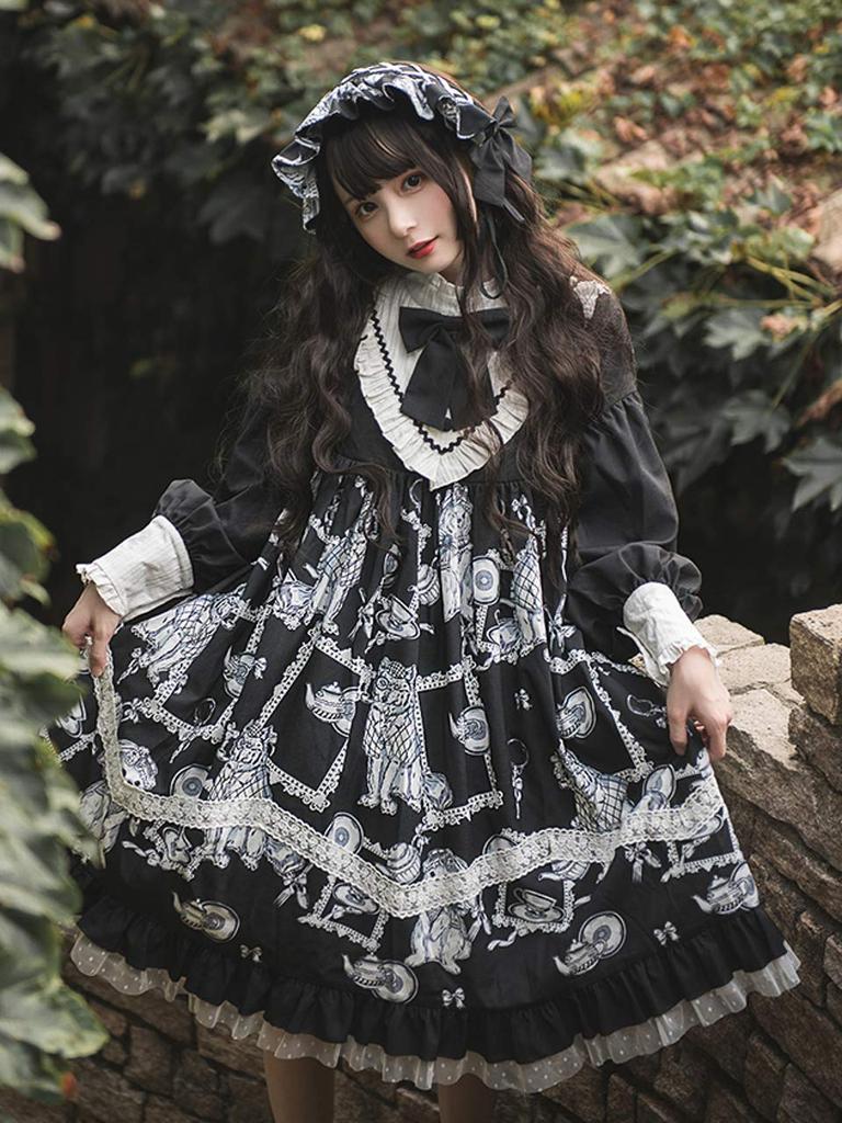 [Milky Time] Gothic Lolita Dress, Monochrome, Cosplay, Landmine Style, A-Line, Sickly Cute, Long Sleeves