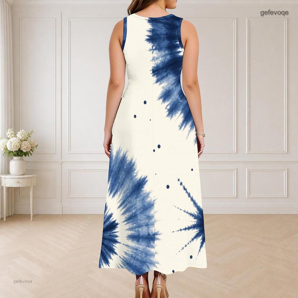 Women Plus Size Round Neck Triple Keyhole Cutout Sleeveless Printed Blue Beige White Long Maxi Dress
