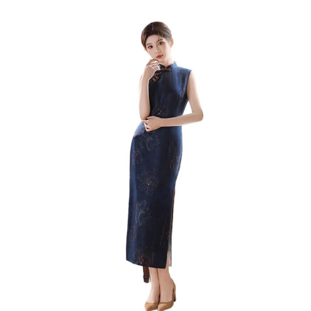 Navy blue new Chinese sleeveless Hong Kong style beautiful cheongsam 1011 summer new improved young high sense daily