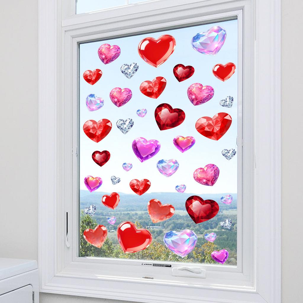 Heart-Shaped Diamond Romantic Valentine's Day Window Decoration Living Room Balcony Glass Static Cling Stickers