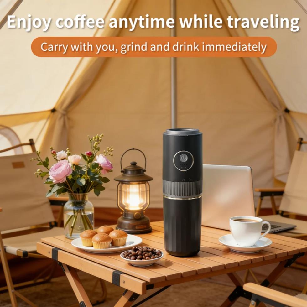 Reisvriendelijke Alles-in-één Koffiezetapparaat - Ingebouwde Molen, Handheld Espressomachine & Mini Pour-Over Kopje voor Thuis en Buiten