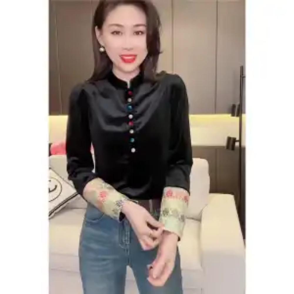 Spring Autumn New Stand Collar Fashion Long Sleeve Blouse Women High Street Casual Embroidered Pullovers Vintage All-match Tops