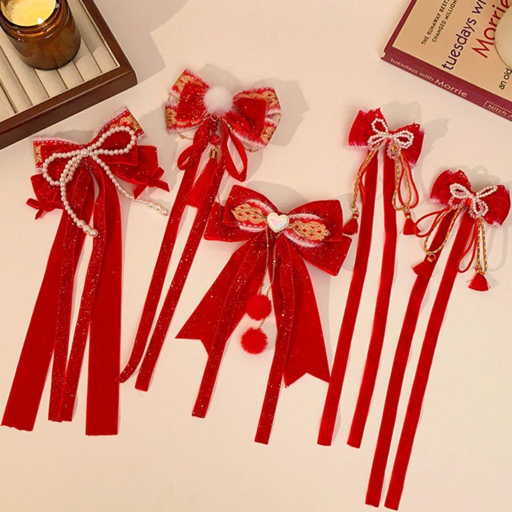 Wig Plush Ball Hairpin Ribbon Princess Forehead Chain Sweet Red Bow Hair Clip Women