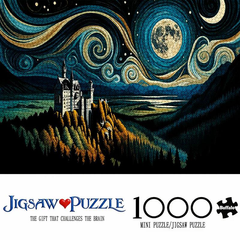 1000pcs Mini Jigsaw Puzzle Starry Night Sky, Moonlight Castle, Swirling Clouds Landscape, Home Decoration, Suitable for Living Room Wall Art And Study