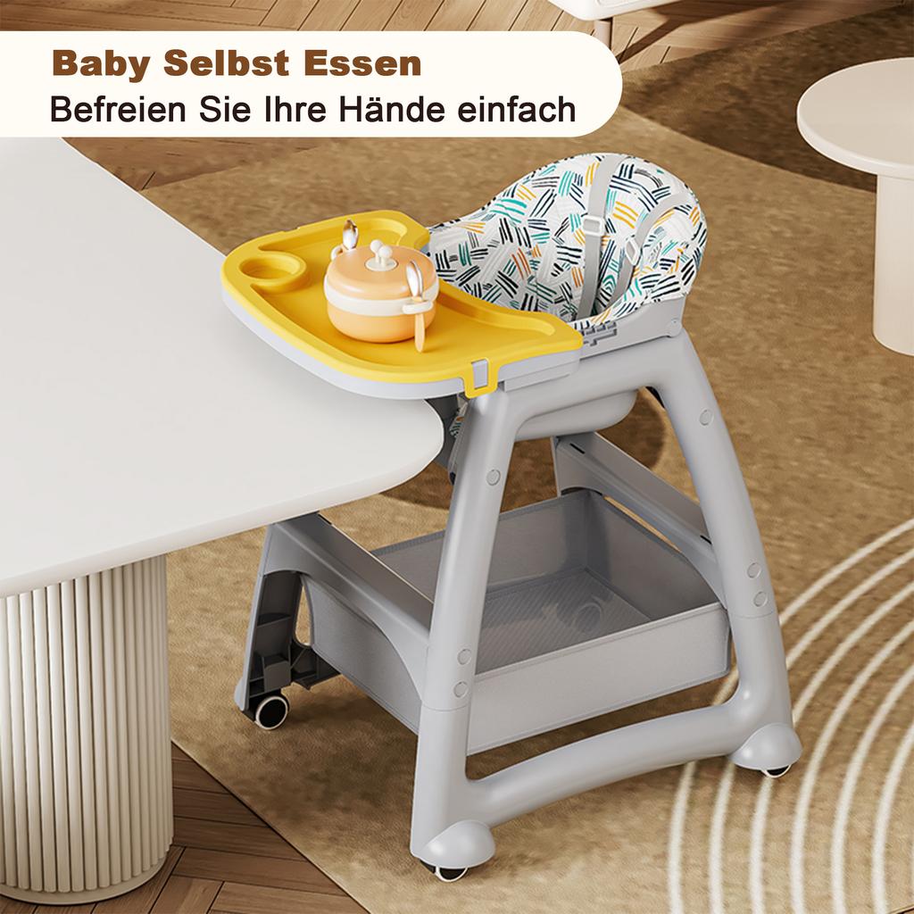 Chaise Haute pour Enfants avec 3 Assiettes Repas Interchangeables en PP, Harnais 5 Points, Roues Bloquables et Plateau Amovible - Pour 6 Mois à 3 Ans