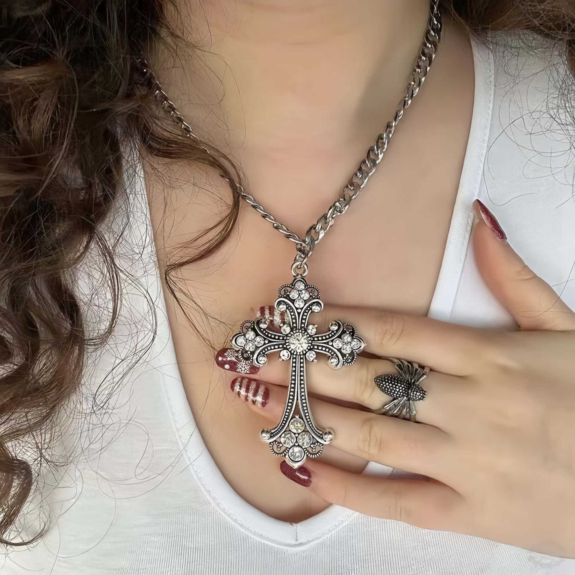 Gothic Retro Stainless Steel Micro Inlay Rhinestone Large Baroque Cross Pendant Necklace for Women Men Halloween Punk Jewelry
