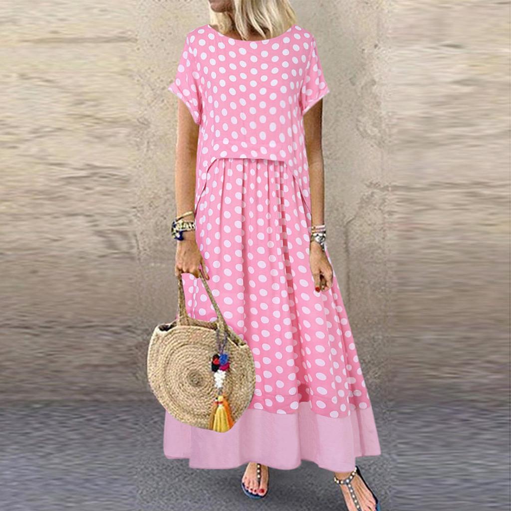 Women Polka Dot Fake Two Pieces  Short Sleeve Summer Plus Size Maxi Dress