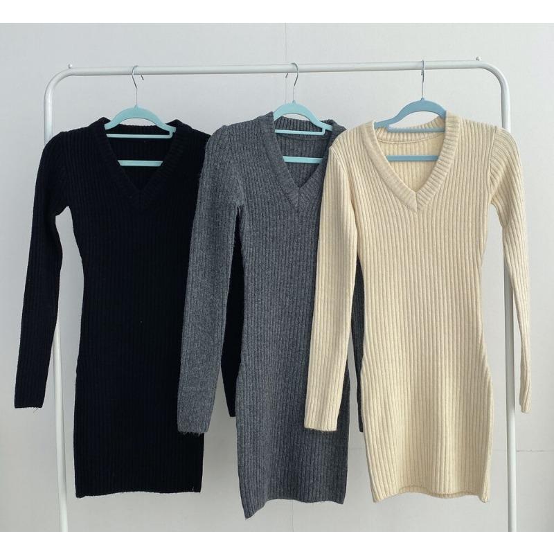 Korean Fashion V-neck Knitted Pullover Sweater Elegant Dress Long Sleeve Autumn Winter Retro Bottoming Short Dresses Casual Inner Hip-wrapped Clothing