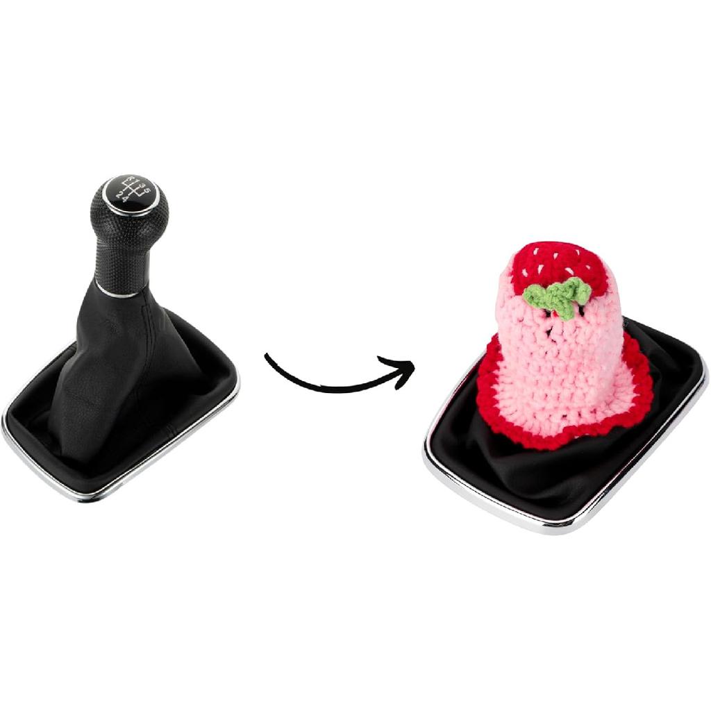 Crochet Shift Knob Cover, Universal Cute Handmade Strawberry Boho Car Accessories for Women, Car Shift Boots Knobs Cover Automotive Interior Fits Car