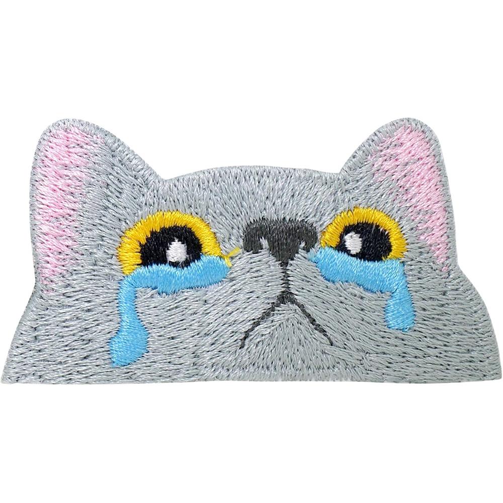 

1 шт., симпатичная черная морда кошки, вышитая нашивка на ткань, значок плачущего кота, нашивка для одежды, сумки, аксессуаров 3,8*7,6 см