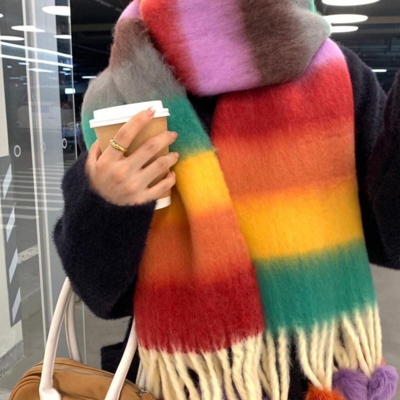 Dopamine Color Striped Handmade Hairball Warm Scarf Women's Winter Thickened Cold-proof Couple Scarf Shawl