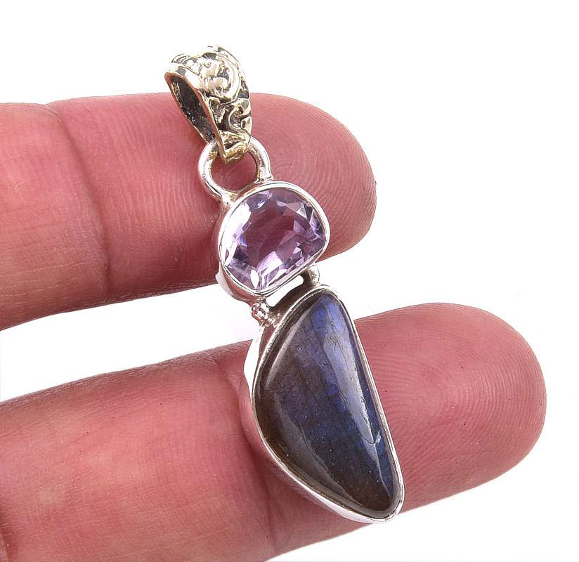 

Natural Labradorite,Pink Amethyst 925 Solid Sterling Silver Pendant 1.50 J9O51