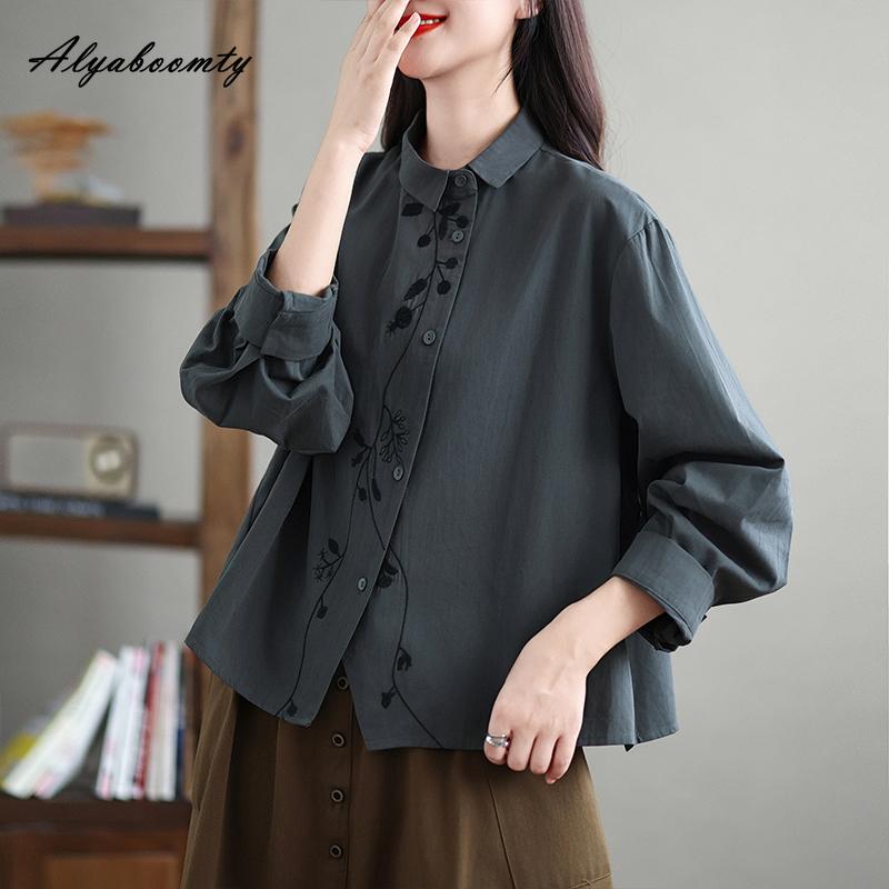 

Жіноча бавовняна блузка в японському стилі весна-осінь з відкладним коміром Біла абрикосова темно-сіра сорочка з квітковою вишивкою Вінтажна блузка з довгим рукавом M сірий
