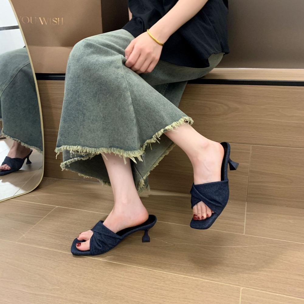Fashion Slippers for Women's 2025 Summer New Denim Cross Strap Square Toe Slim Heel Womens Shoes Straight Strap High-heeled Sandals