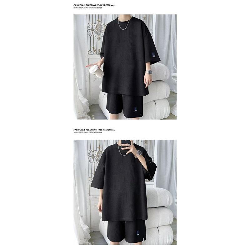 Men's Textured Letter Print Two-Piece Set Oversized Short Sleeve T-Shirt  Shorts Casual Streetwear