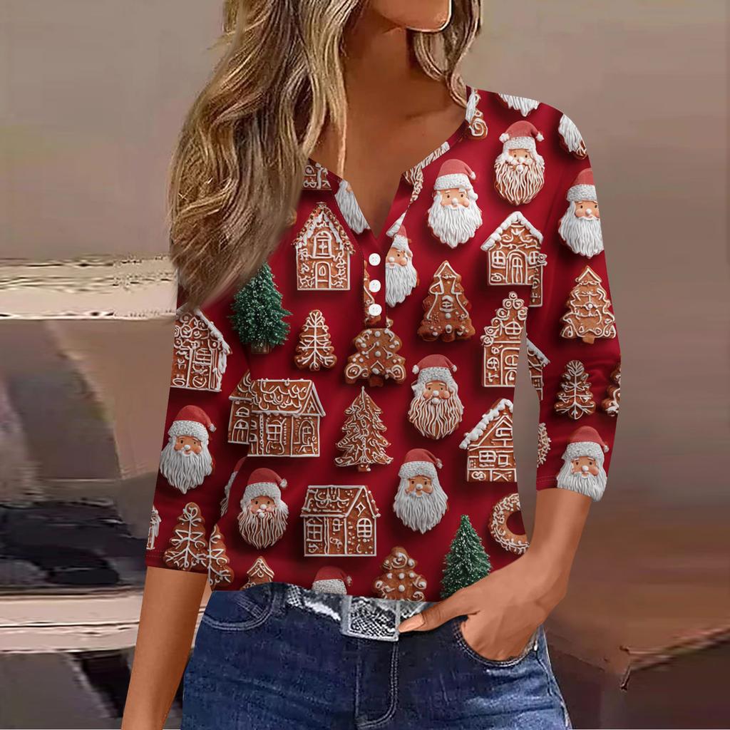 Women's Casual Fashion V-neck Loose Versatile Christmas Print Three-quarter Sleeve Top